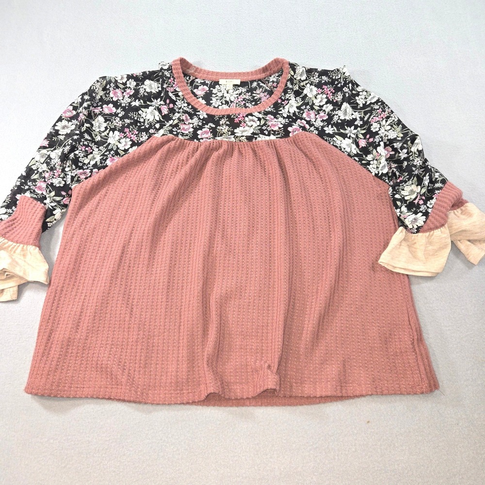 Kori America Waffle Knit Top Womens L Rose Floral Ruffle Mixed Media B6440